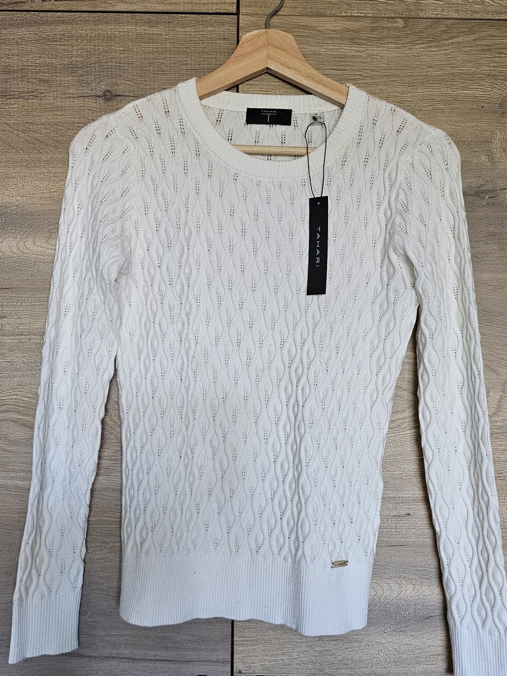 Tahari Ivory Cable-Knit Crewneck Sweater
